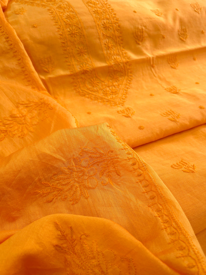 Tangerine Color Chanderi Hand Embroidered 2-Taar Chikankari Kurta & Dupatta Set | Paridhan Chikan (Copy)