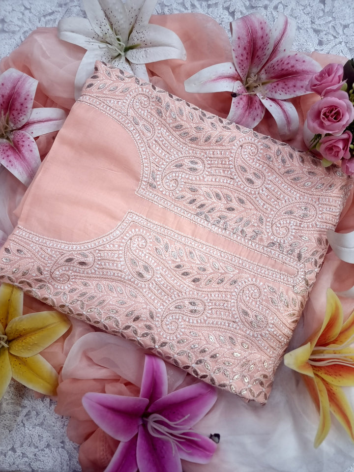 Peach Unstitched Soft Cotton Chikankari Suit Set – Aari, Kasab & Gotta Patti Embellished with Pure Chiffon Dupatta (Copy)