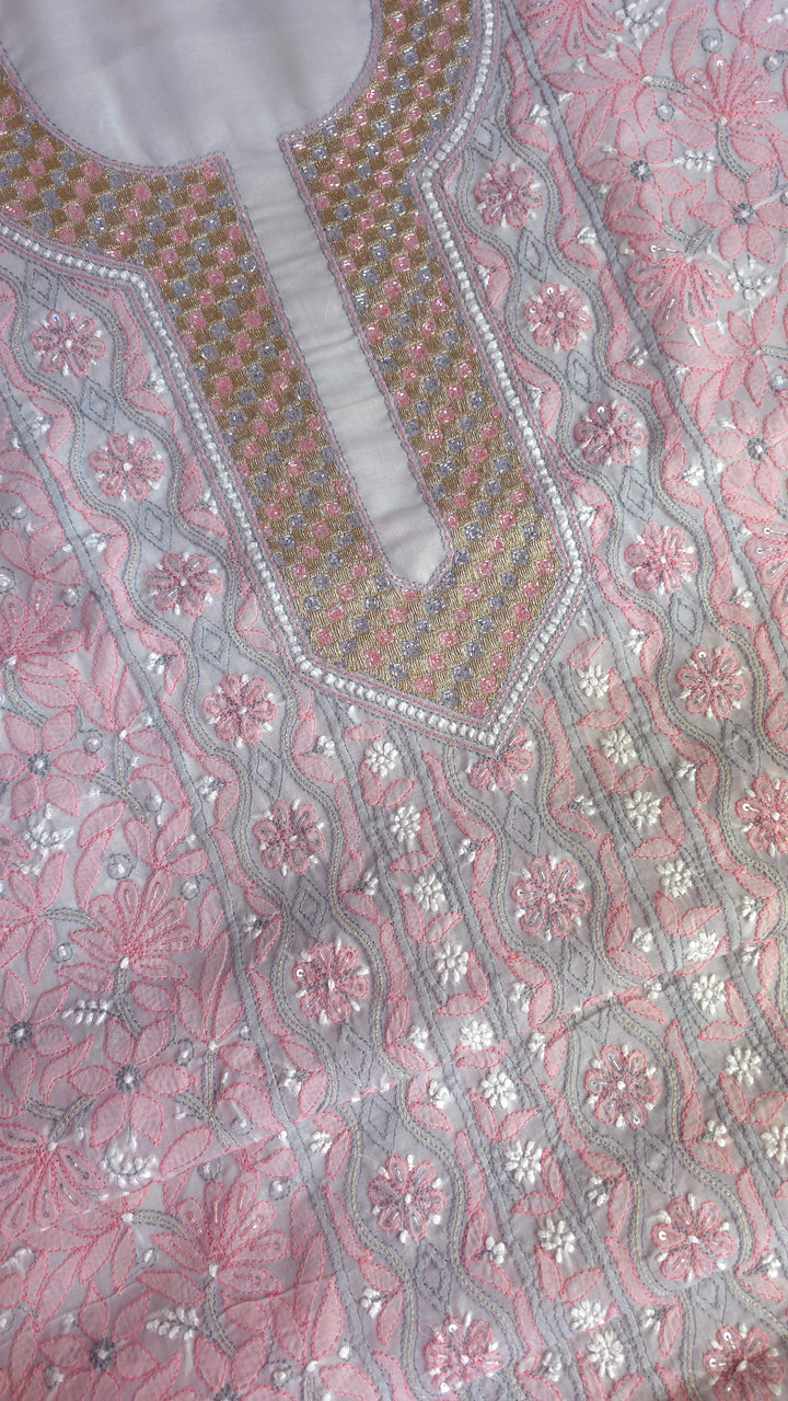 Afreen Premium Hand Embroidered Chikankari Cotton Unstitched Dress Material with Pure Chiffon Dupatta