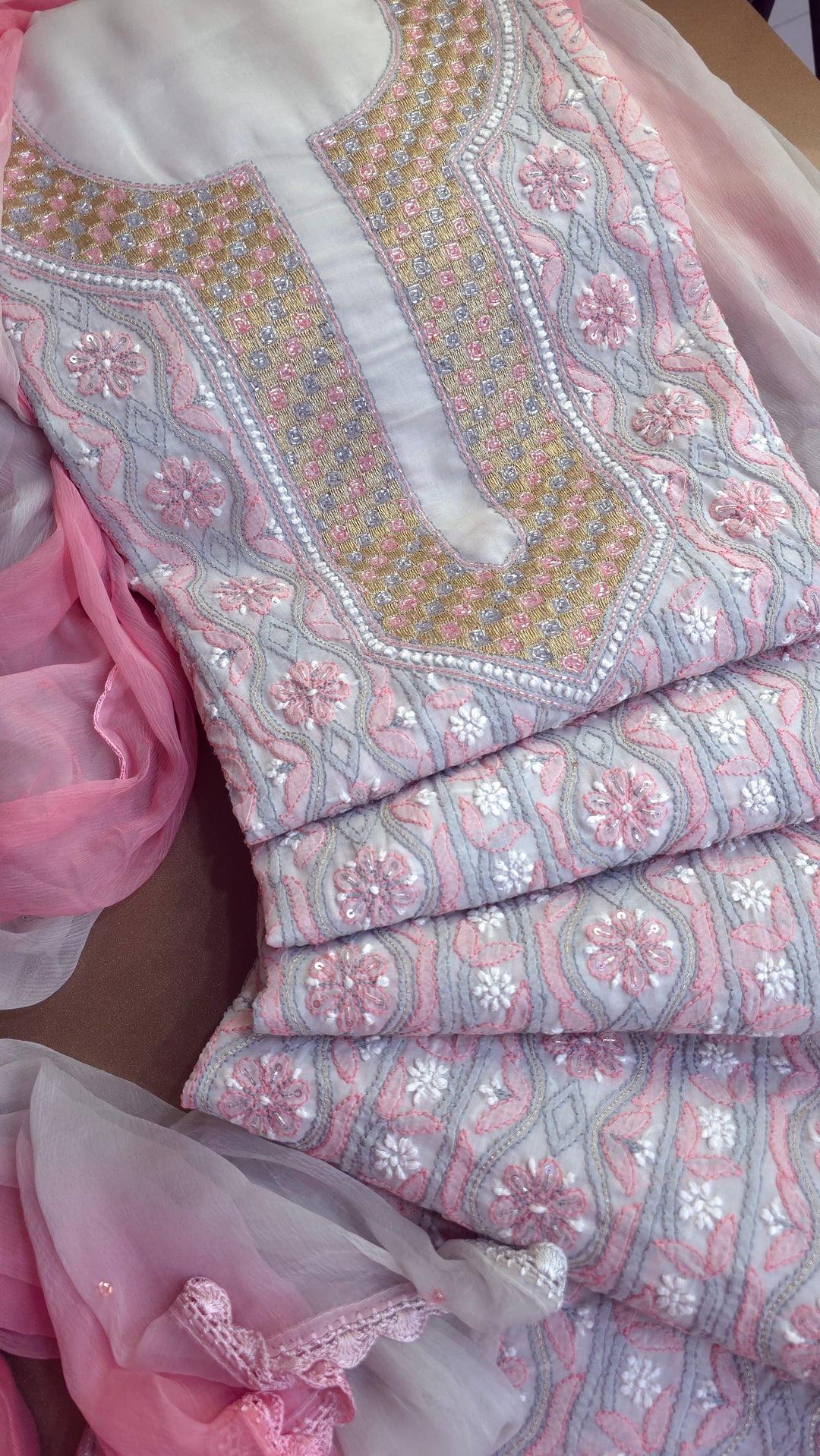 Afreen Premium Hand Embroidered Chikankari Cotton Unstitched Dress Material with Pure Chiffon Dupatta