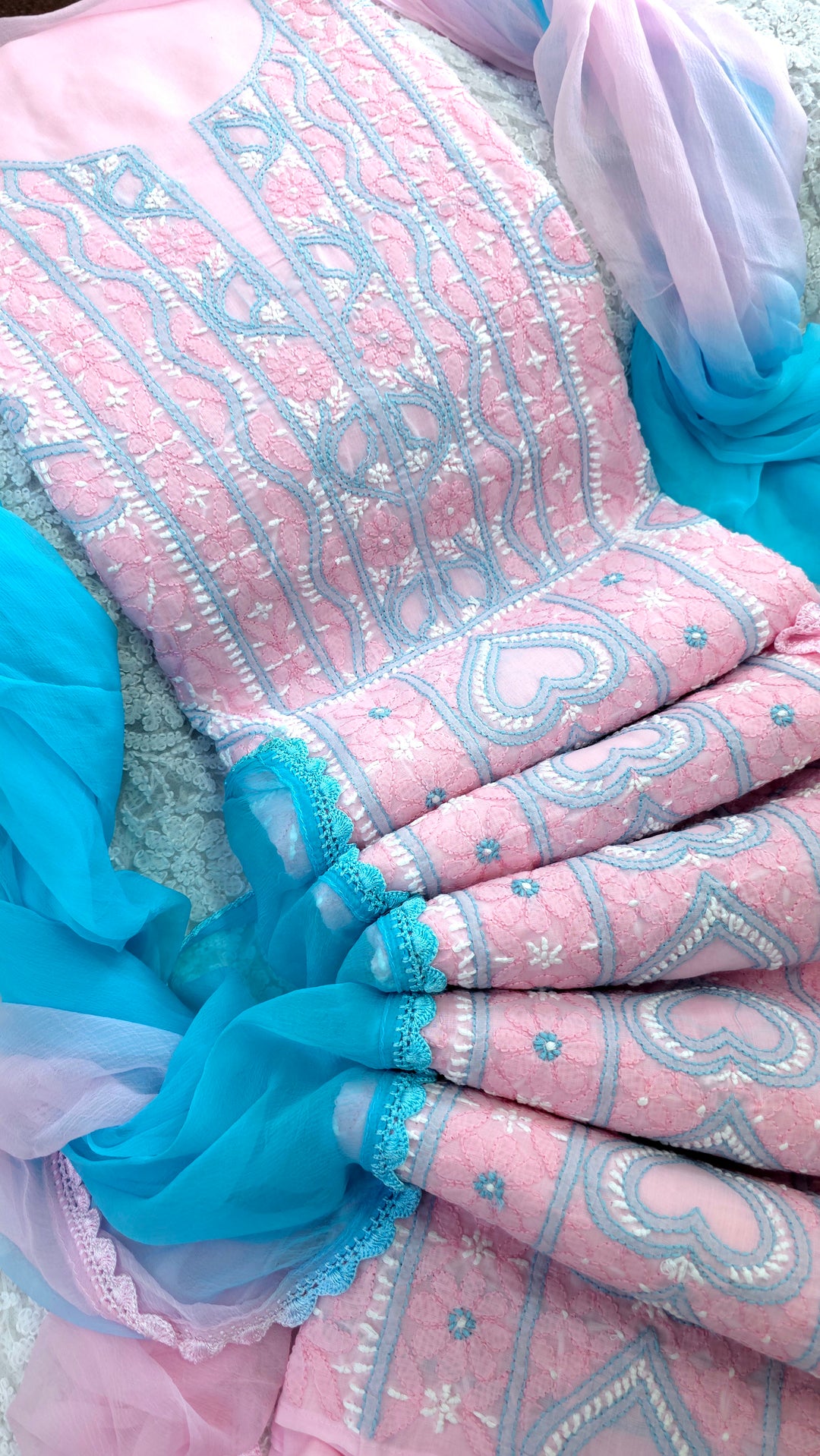 Lucknow Chikankari Hand Embroidered Cotton Dress Material with Tri-Color Motifs & Pure Chiffon Dupatta