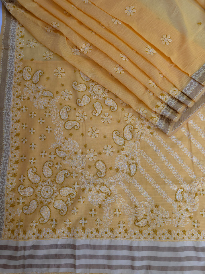 Hand Embroidered Chikankari Banarasi Silk Saree with Intricate Border & Palla Pattern – Includes  Blouse | Paridhan Chikan