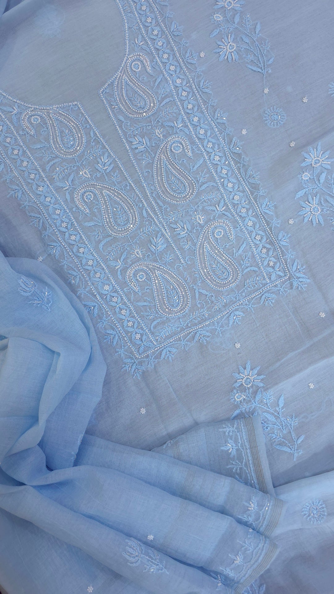 Hiba Premium Mul Chanderi Supersoft Dyeable Chikankari Dress Material | Hand Embroidered with Pearls & Cutdaana | Kurta & Dupatta Set
