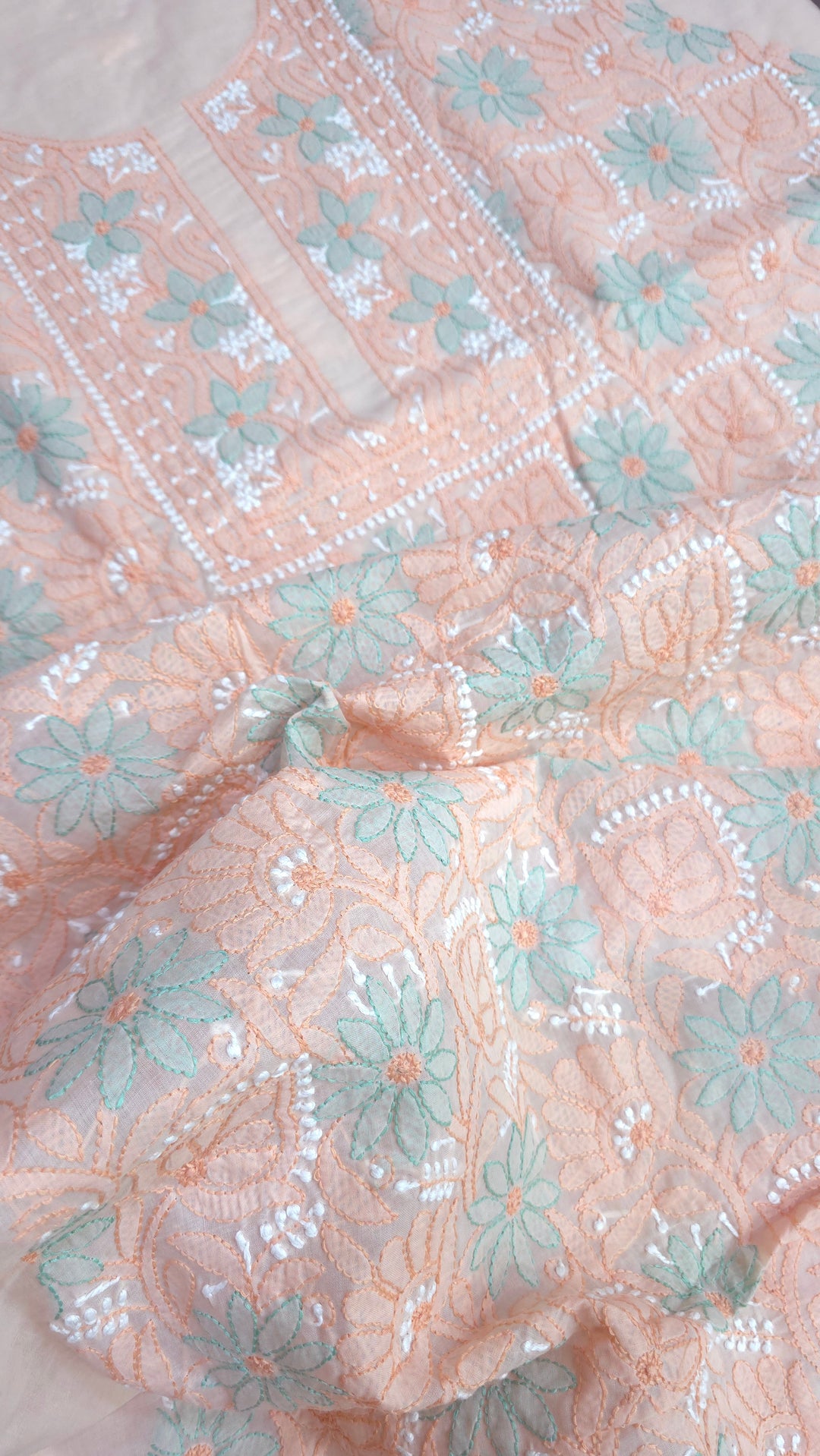 Lucknow Chikankari Hand Embroidered Cotton Dress Material with Tri-Color Motifs & Pure Chiffon Dupatta