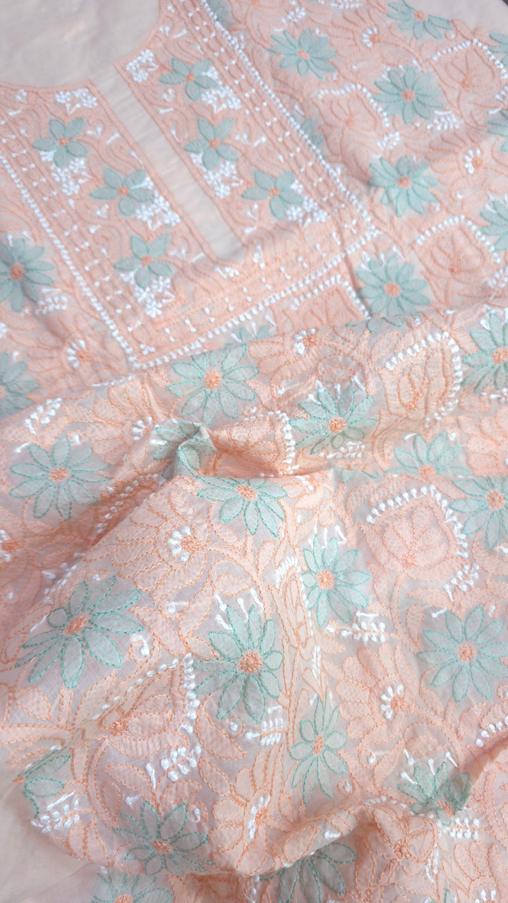 Lucknow Chikankari Hand Embroidered Cotton Dress Material with Tri-Color Motifs & Pure Chiffon Dupatta