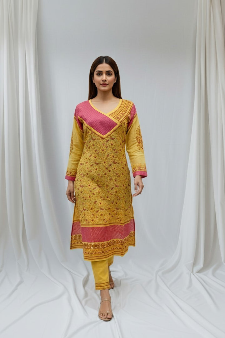 Jia Cotton Chikankari Hand Embroidered Kurti for Women | Premium  | 48 Inch approx Length | Lucknowi Chikan Kurta
