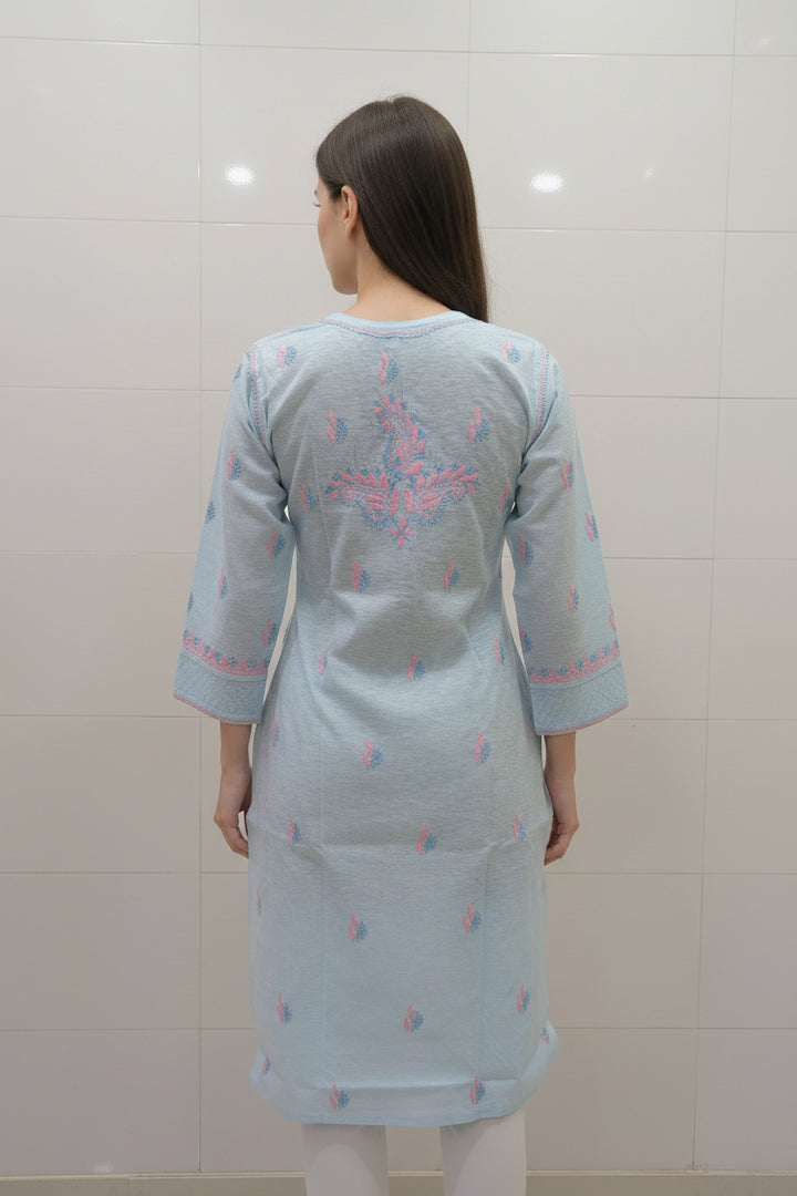 Pure Cotton Linen Lucknowi Chikankari Long Kurti | 100% Hand Embroidered | Non-Transparent | No Shrinkage