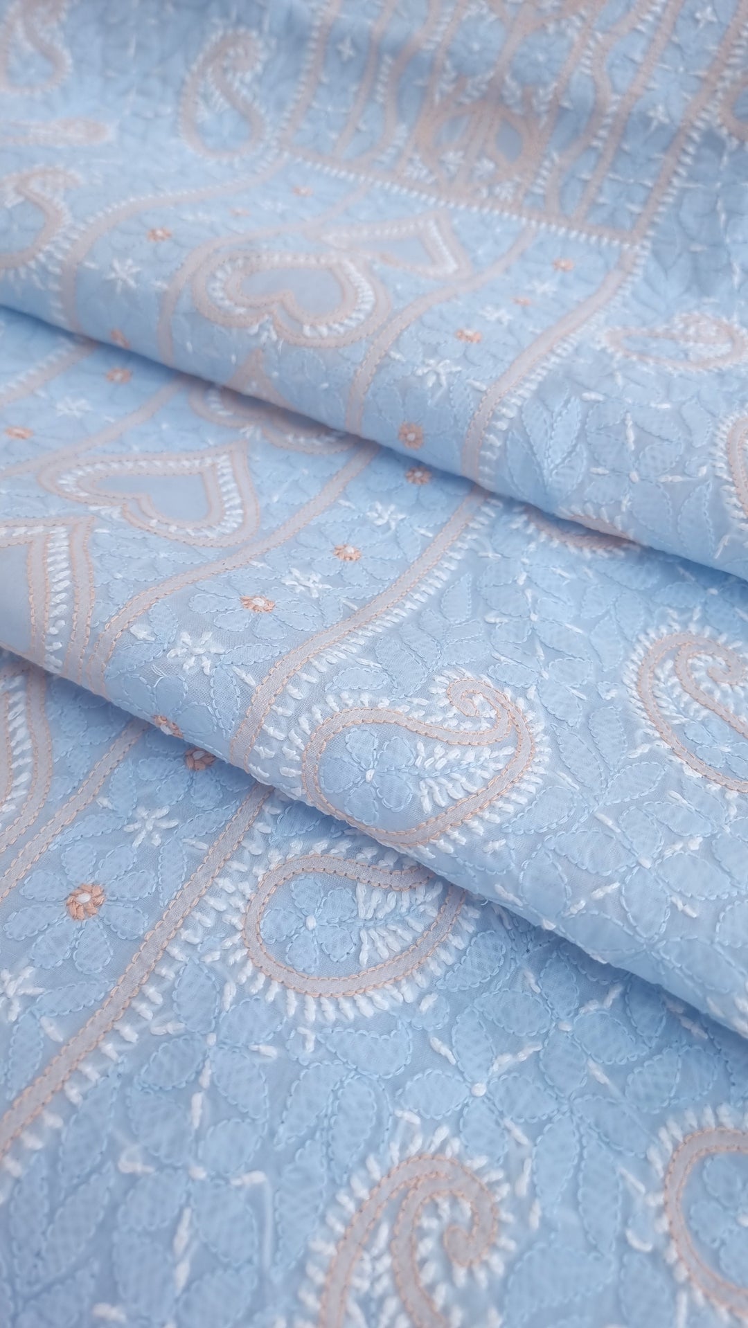 Lucknow Chikankari Hand Embroidered Cotton Dress Material with Tri-Color Motifs & Pure Chiffon Dupatta