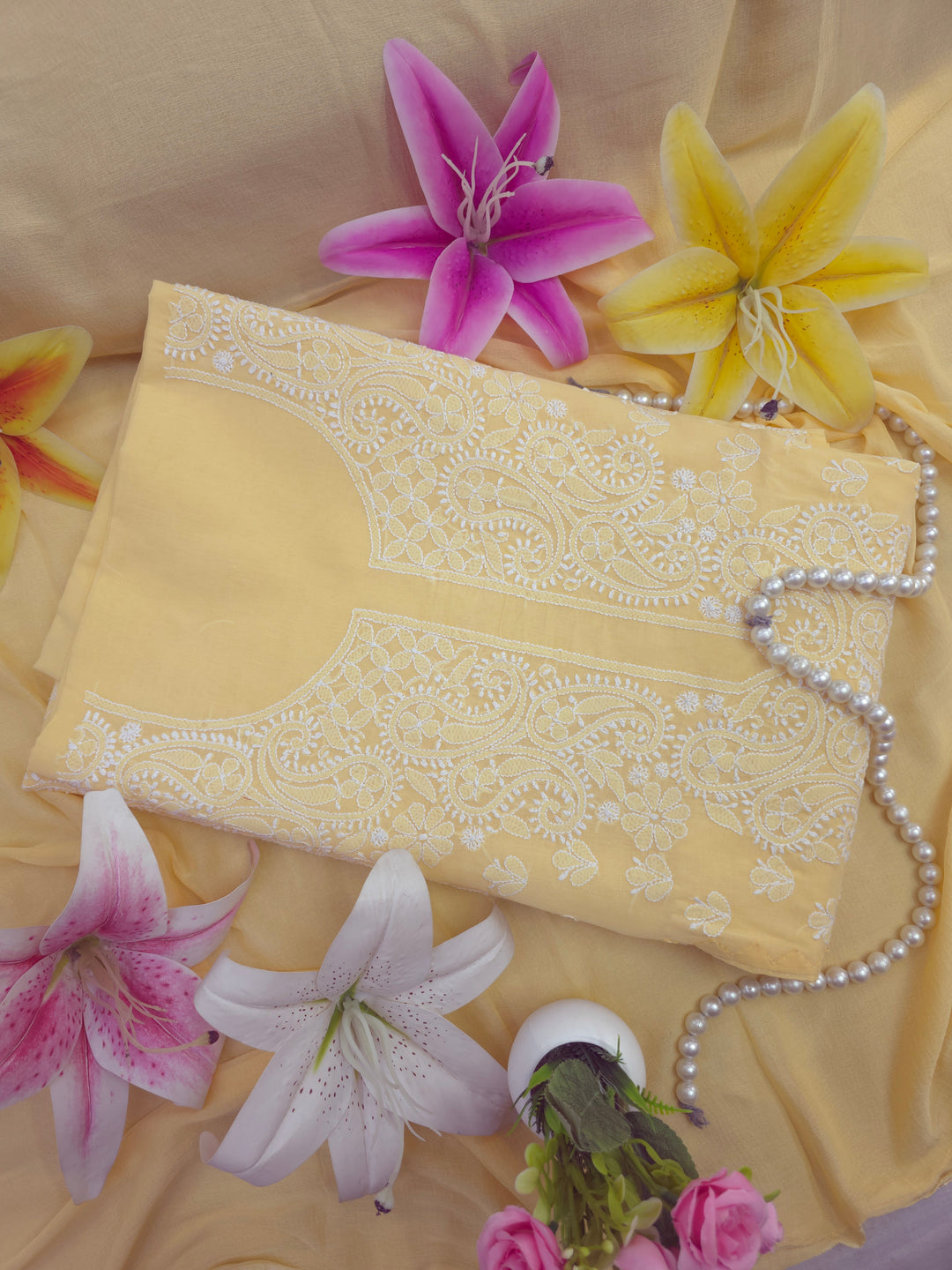 Darz Lucknowi Chikankari  Dress Material – Handmade Cotton Suit with Chiffon Dupatta