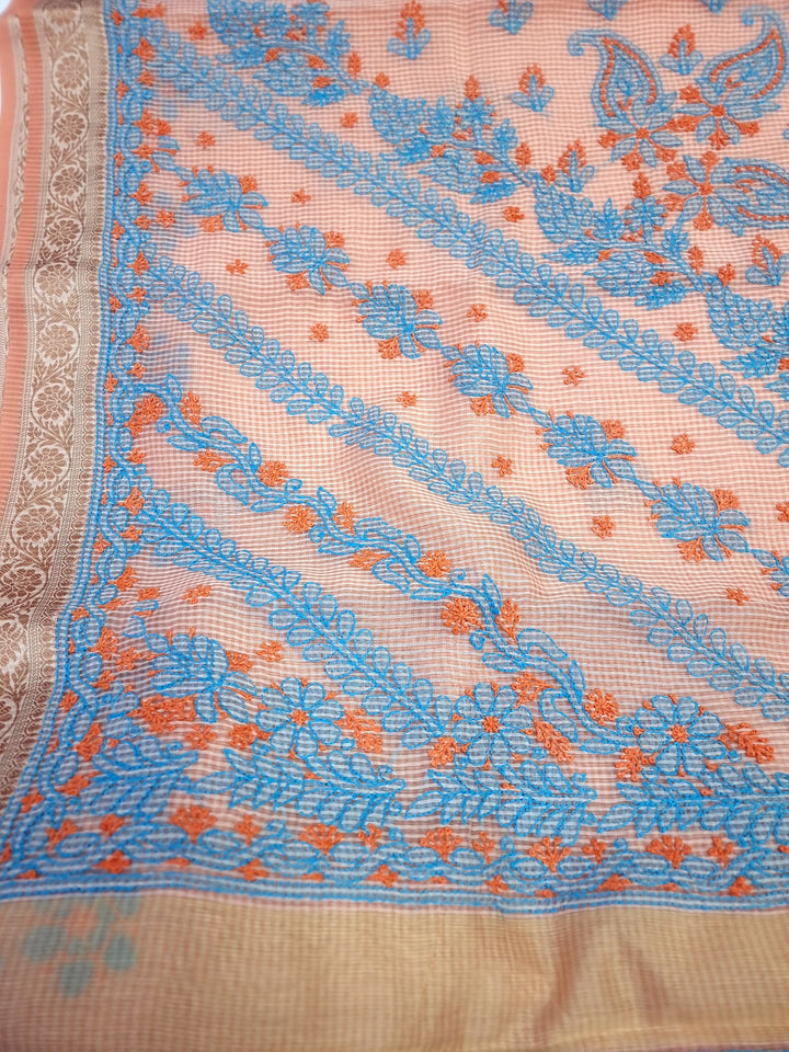 Hand Embroidered Chikankari Banarasi Silk Saree with Intricate Border & Palla Pattern – Includes  Blouse | Paridhan Chikan