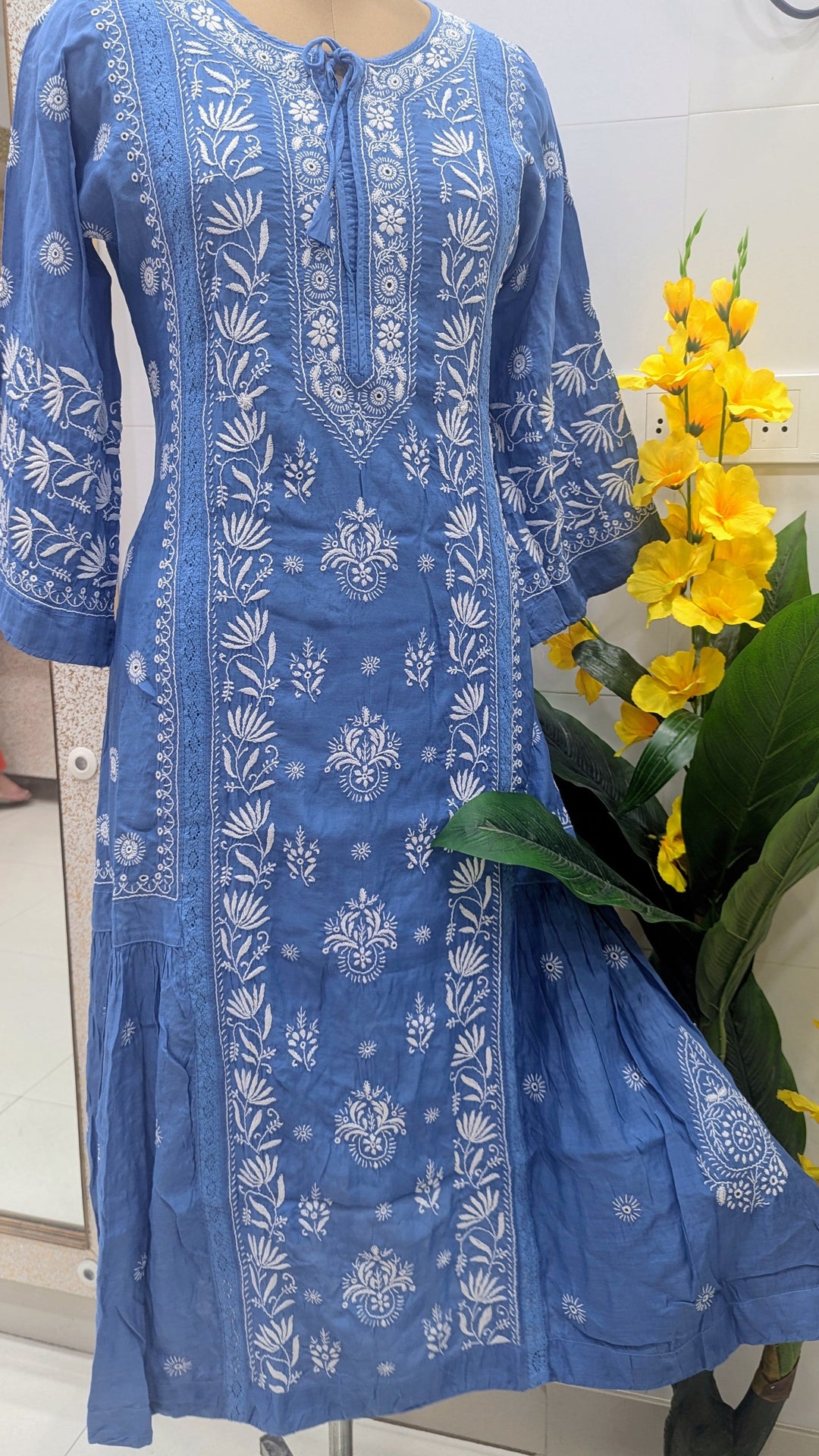 Pure Muslin luxurious long dress with *2 taar chikankari work* Length 50 " approx