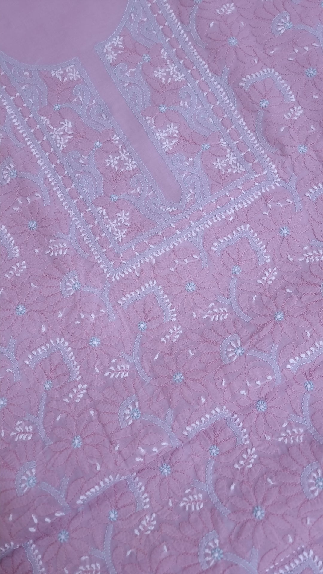 Lucknow Chikankari Hand Embroidered Cotton Dress Material with Tri-Color Motifs & Pure Chiffon Dupatta