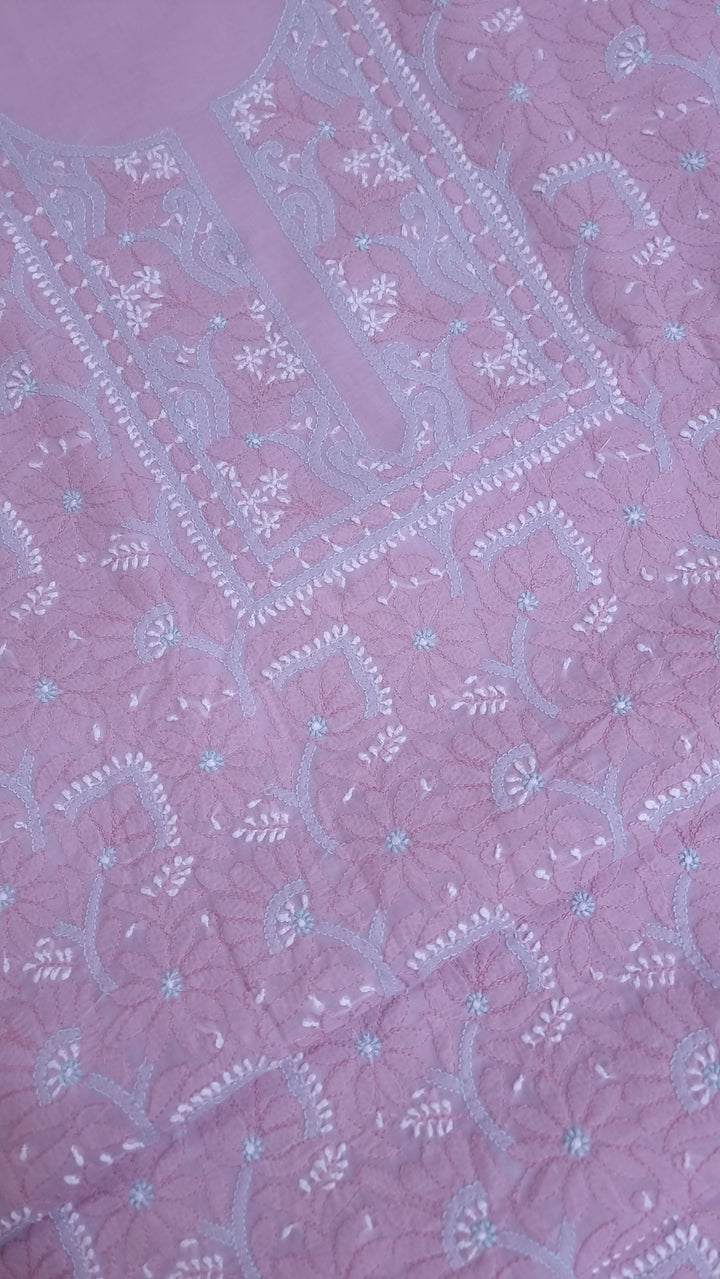 Lucknow Chikankari Hand Embroidered Cotton Dress Material with Tri-Color Motifs & Pure Chiffon Dupatta