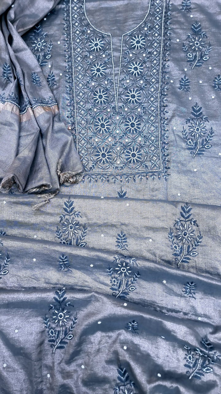 Soft Tissue Chikankari Unstitched Dress Material | 3 Taar Hand Embroidery with Pearl & Cutdana Work + Golden Border Dupatta