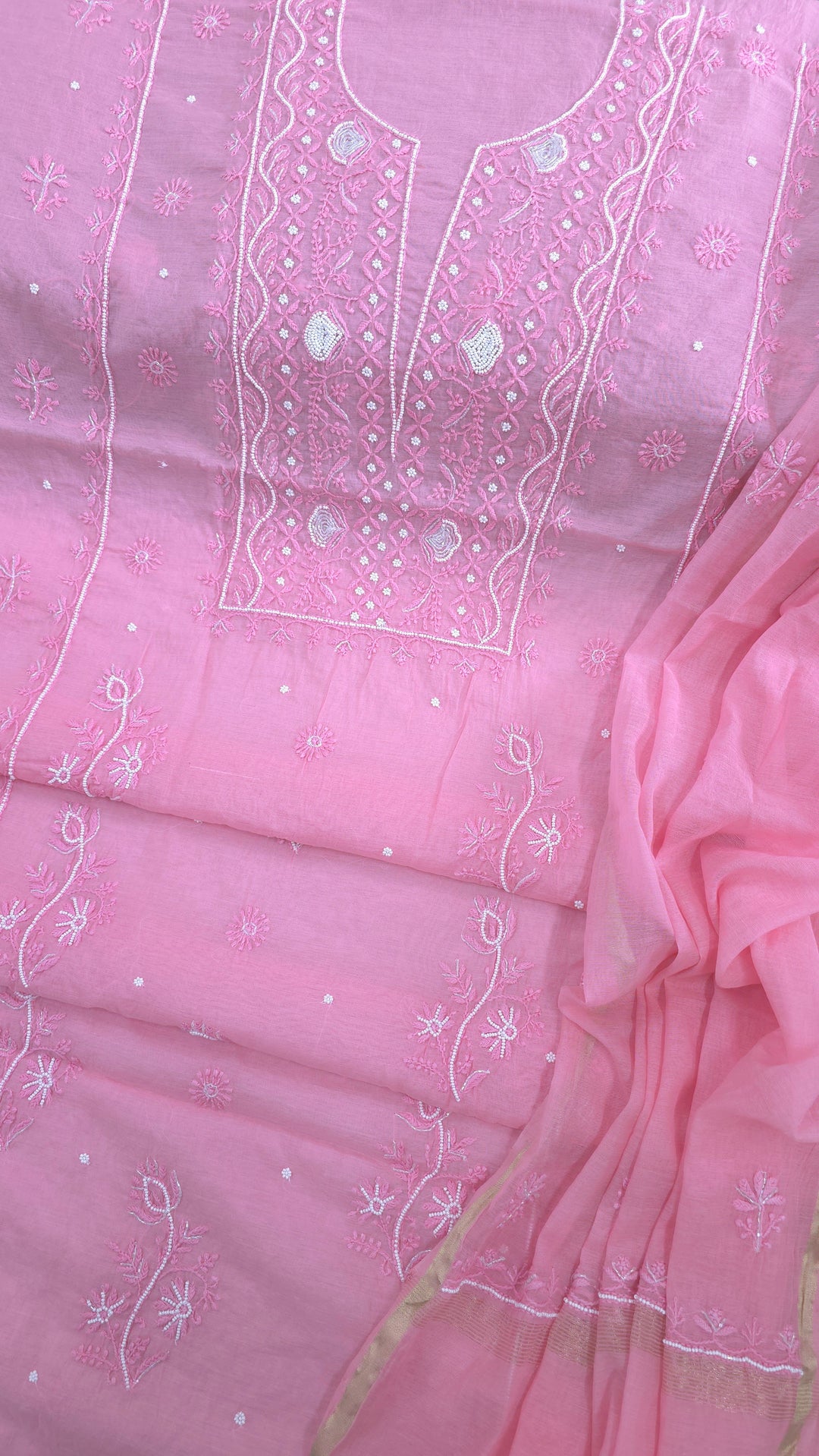 Premium Mul Chanderi Supersoft Dyeable Chikankari Dress Material | Hand Embroidered with Pearls & Cutdaana | Kurta & Dupatta Set