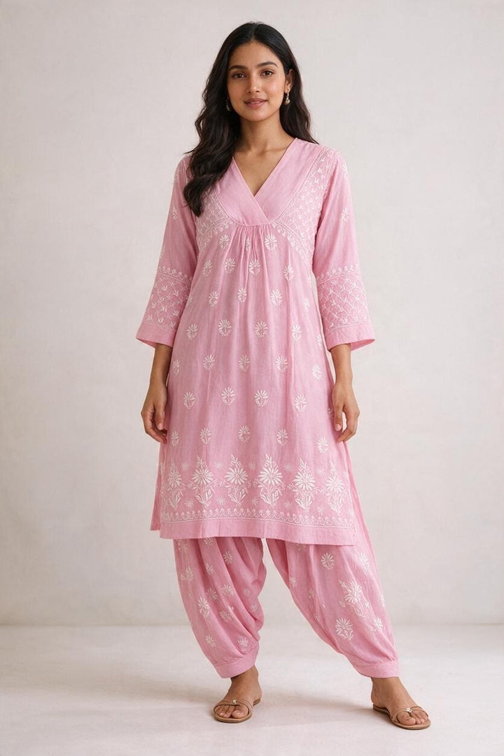 Luxe-Pure muslin luxurious kurti afgani pants set with *2 taar chikankari work*