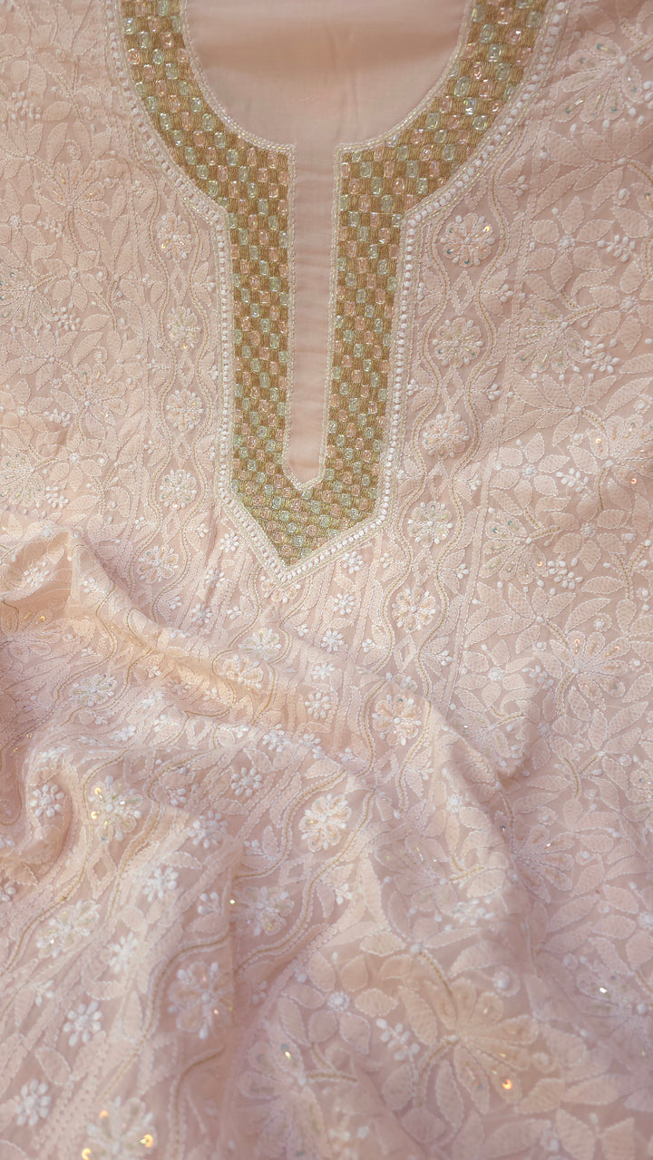 Afreen Premium Hand Embroidered Chikankari Cotton Unstitched Dress Material with Pure Chiffon Dupatta