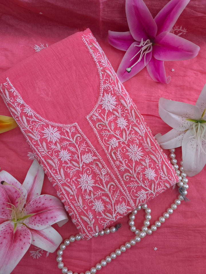 Premium Mul Chanderi Pearl, Cutdana & Kasab Hand Embroidered Unstitched Suit Set