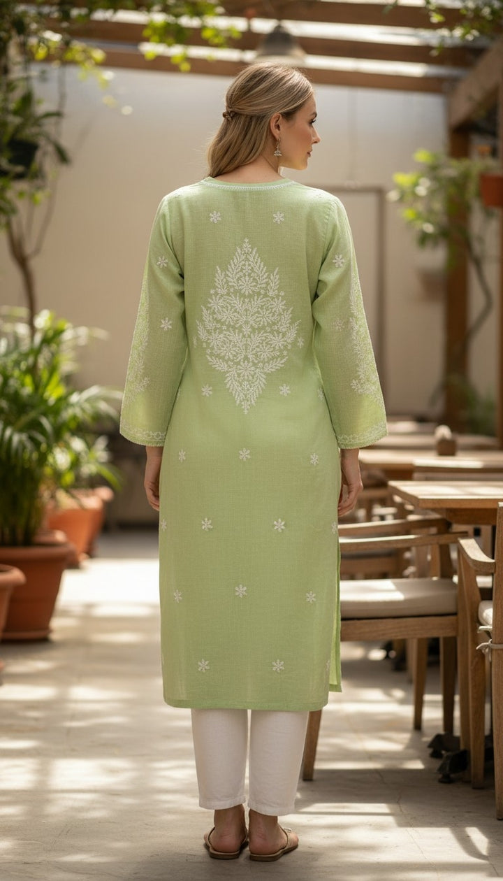 Hand Embroidery Chikankari Linen Kurti - Pista Green