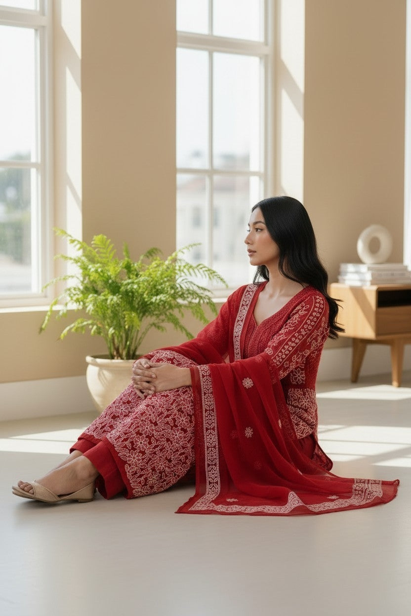 Unstitched Georgette Chikankari Dress Material | Hand Embroidered Kurta, Bottom & Dupatta