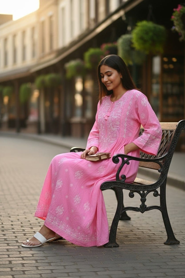 Pure Crepe luxurious long A line dress with *2 taar chikankari work* Length 50 " approx