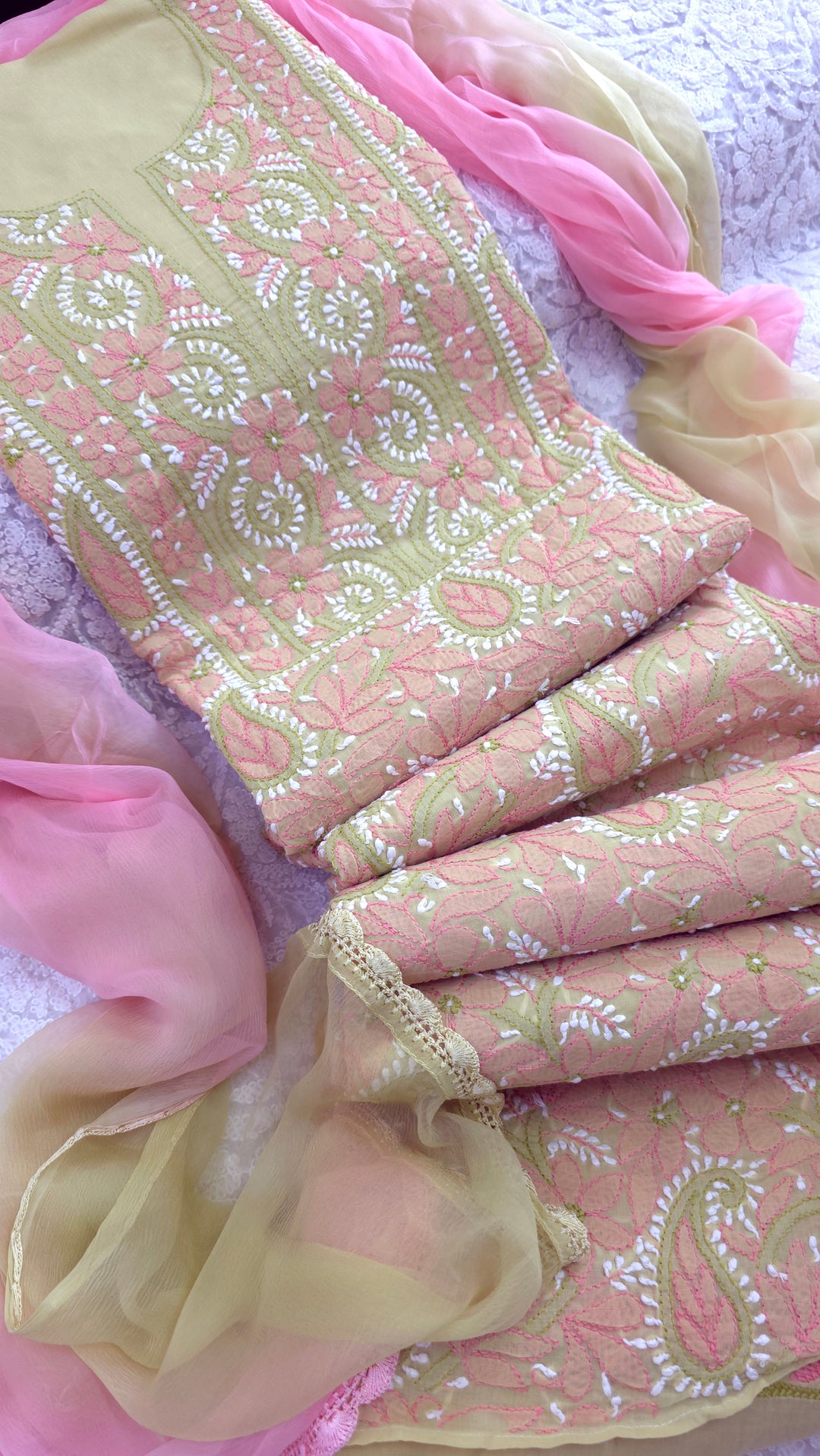 Lucknow Chikankari Hand Embroidered Cotton Dress Material with Tri-Color Motifs & Pure Chiffon Dupatta
