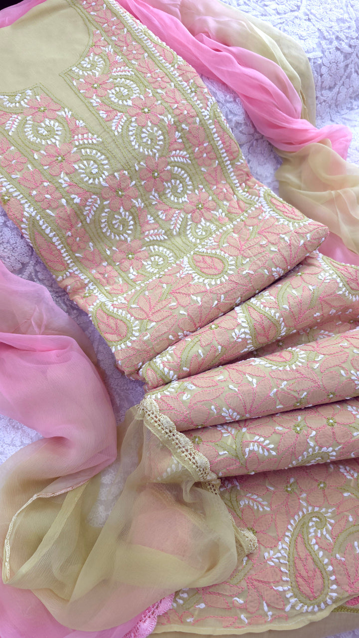 Lucknow Chikankari Hand Embroidered Cotton Dress Material with Tri-Color Motifs & Pure Chiffon Dupatta