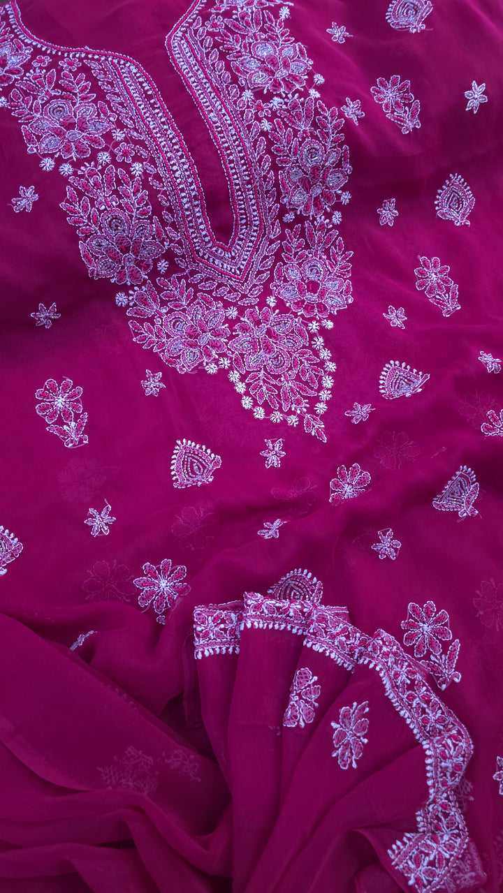 Alina Heavy Embellished Georgette Chikankari Unstitched Dress Material | Cutdana Handwork