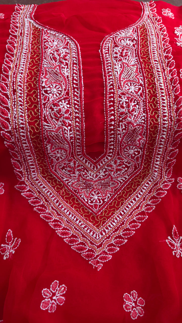 Alina Heavy Embellished Georgette Chikankari Unstitched Dress Material | Cutdana Handwork