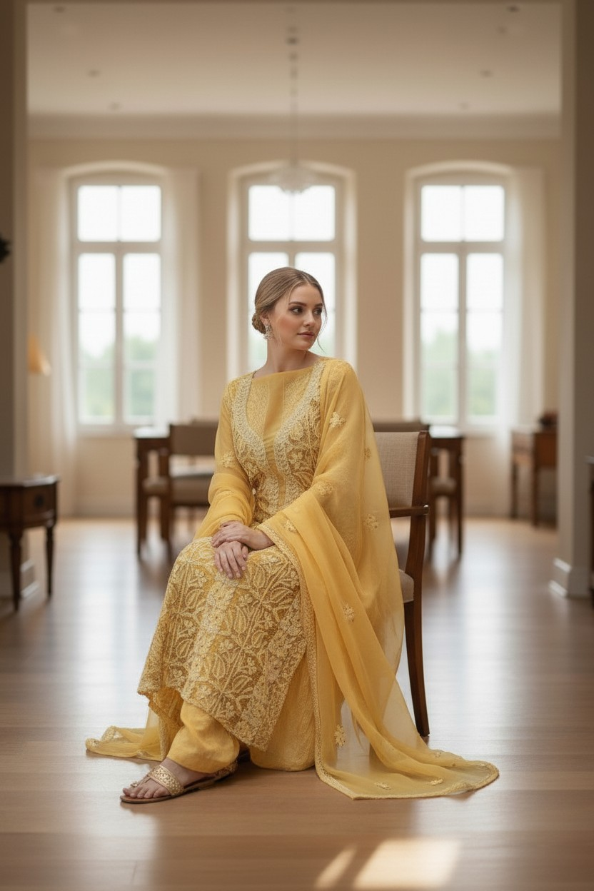 Unstitched Georgette Chikankari Dress Material | Hand Embroidered Kurta, Bottom & Dupatta