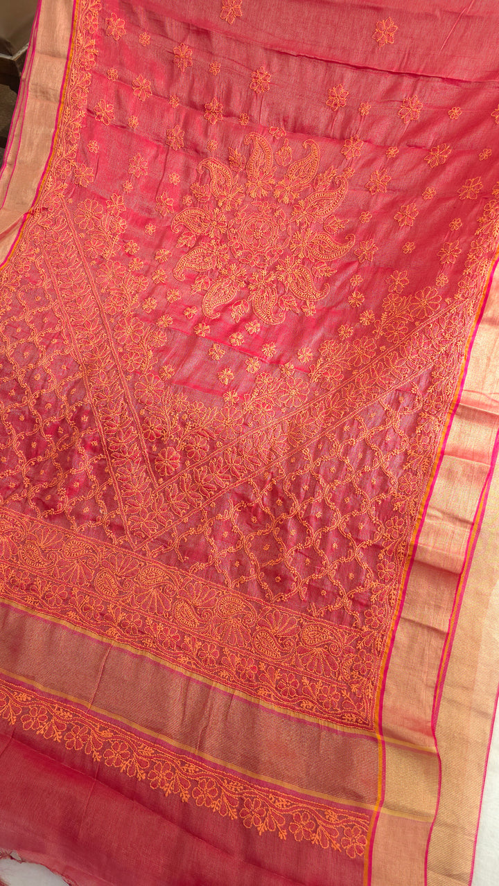 Hand Embroidered Chikankari Banarasi Silk Saree with Intricate Border & Palla Pattern – Includes  Blouse | Paridhan Chikan