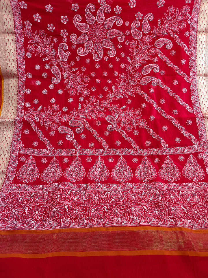 Hand Embroidered Chikankari Banarasi Silk Saree with Intricate Border & Palla Pattern – Includes  Blouse | Paridhan Chikan