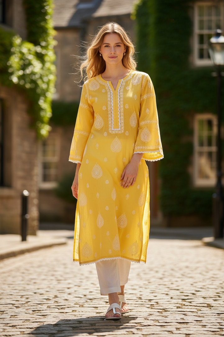 Cotton Chikankari Hand Embroidered Kurti for Women | Premium Soft  | 44 Inch Length | Lucknowi Chikan Kurta