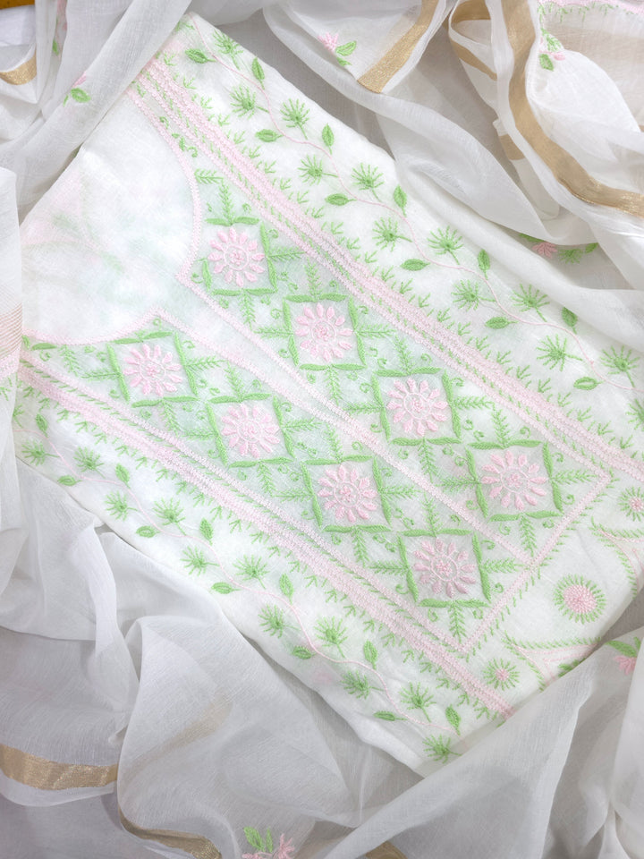 Pure Mul Chanderi 2 Taar Hand Embroidered Chikankari Unstitched Kurta (3 M) with Dupatta (2.5 M) – Lucknowi Festive Collection
