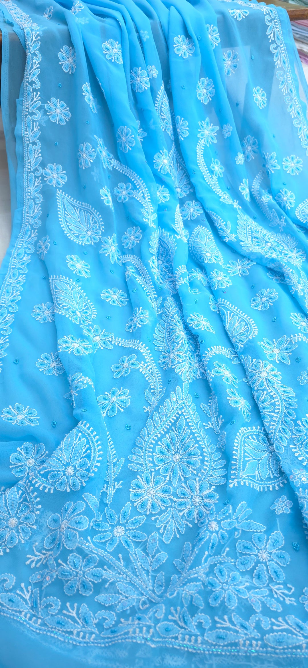 Pearl Chikankari Saree on Faux Georgette with Matching Blouse | Hand Embroidered Lucknowi Saree | Paridhan Chikan Heritage Collection