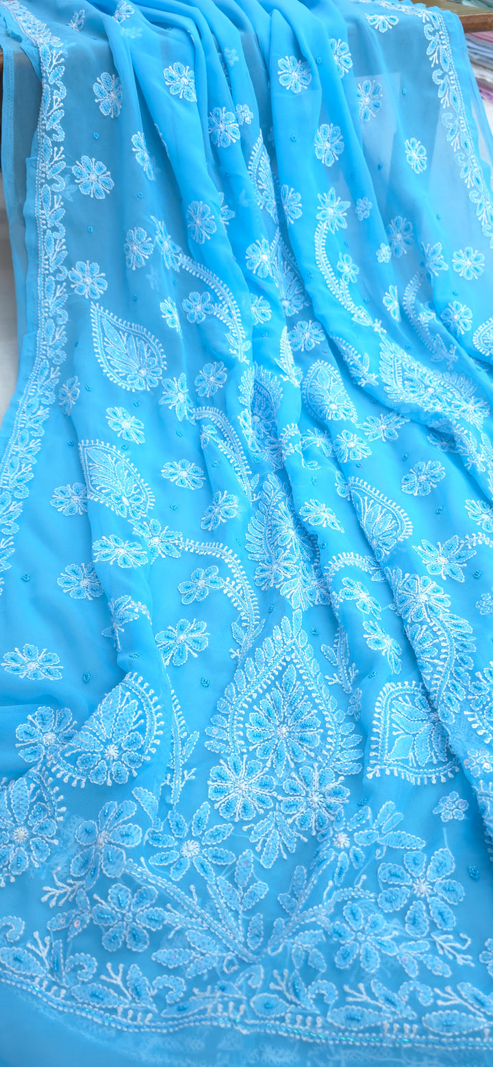 Pearl Chikankari Saree on Faux Georgette with Matching Blouse | Hand Embroidered Lucknowi Saree | Paridhan Chikan Heritage Collection