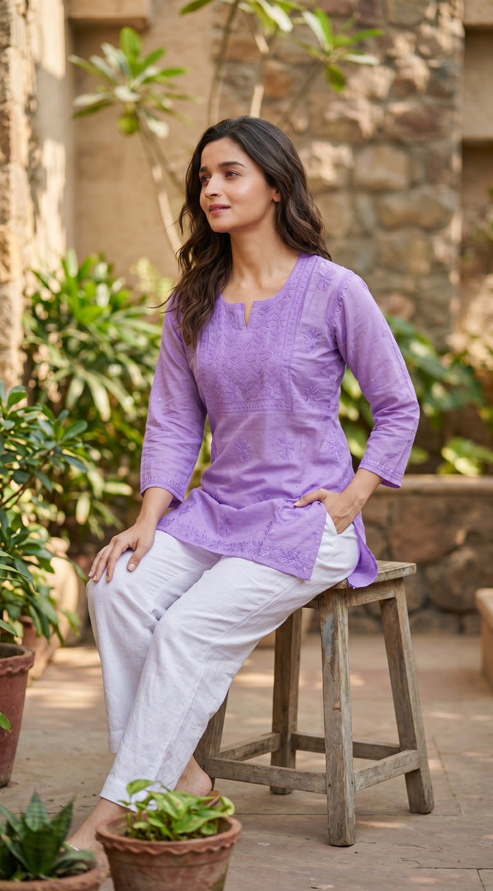 Alia Chikankari Chanderi Golden Zari Buti Short Top for Women | Soft & Non-Transparent | Paridhan Chikan