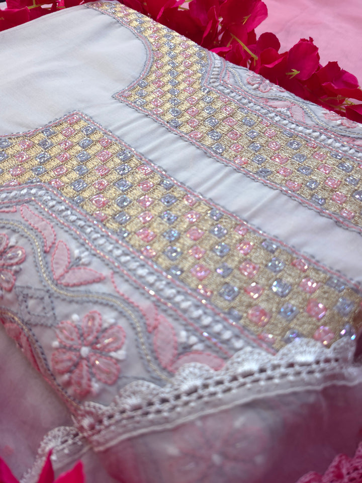 Afreen Premium Hand Embroidered Chikankari Cotton Unstitched Dress Material with Pure Chiffon Dupatta