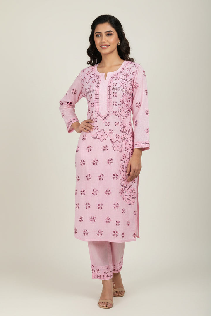 Pure Cotton Linen Lucknowi Chikankari Long Kurti | 100% Hand Embroidered | Non-Transparent | No Shrinkage