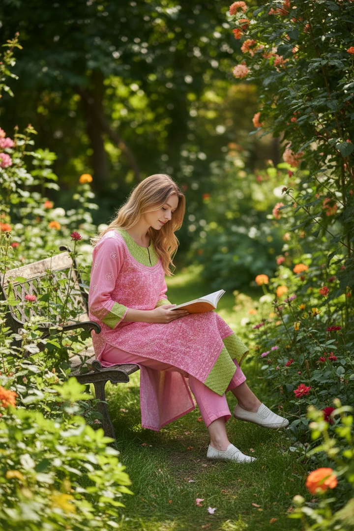 Cotton Chikankari Hand Embroidered Kurti for Women | Premium  | 48 Inch approx Length | Lucknowi Chikan Kurta