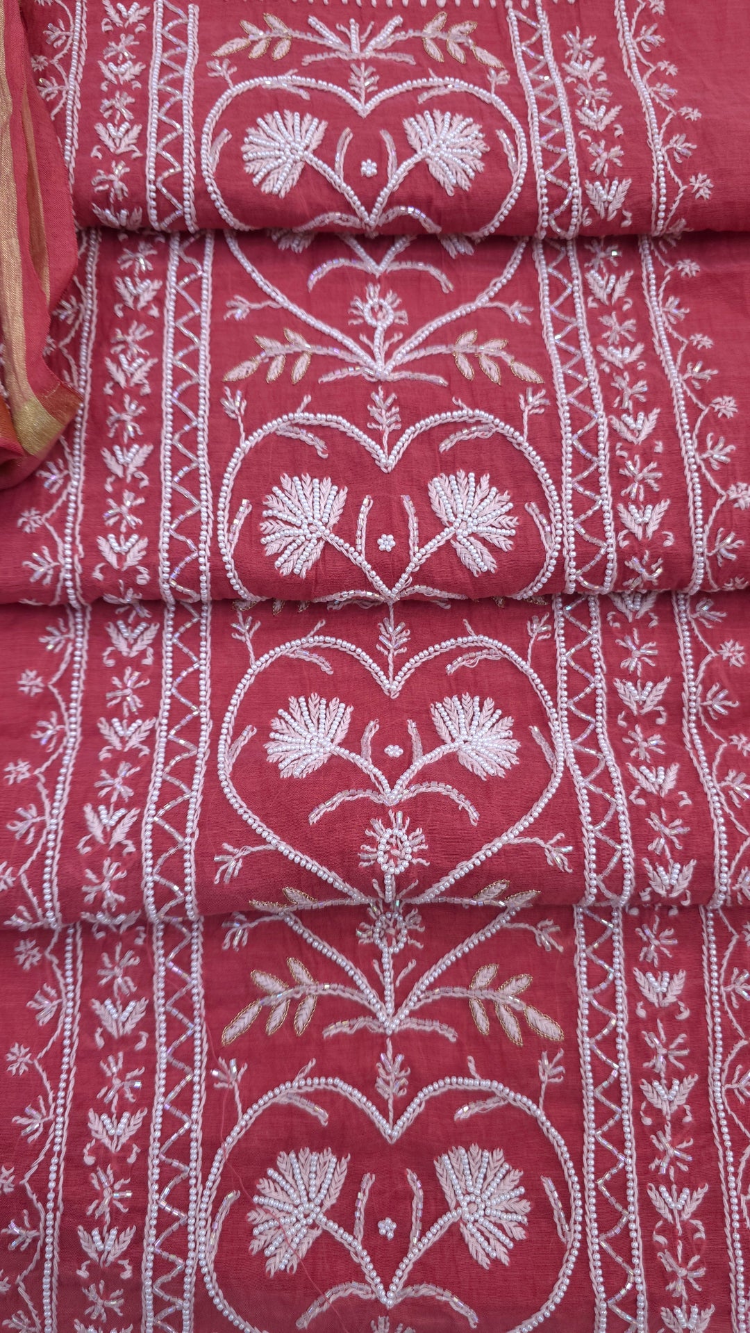 Premium Mul Chanderi Pearl, Cutdana & Kasab Hand Embroidered Unstitched Suit Set