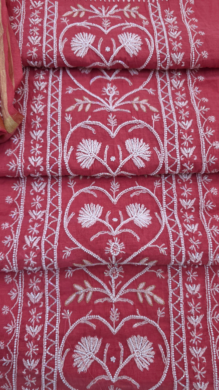 Premium Mul Chanderi Pearl, Cutdana & Kasab Hand Embroidered Unstitched Suit Set