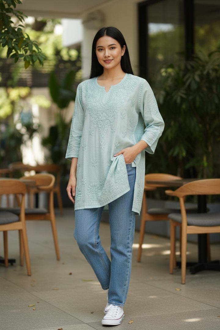 Non transparent Soft Chanderi Chikankari Top 32" length