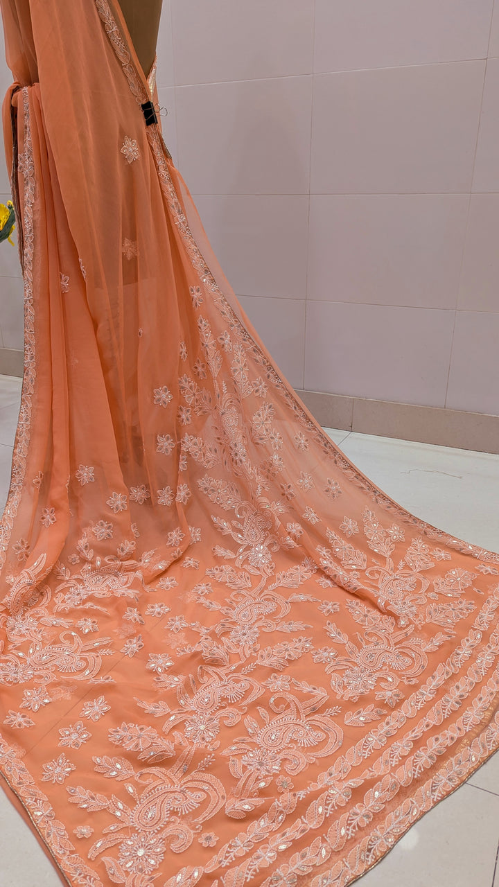 Embellished with Gota Patti | Hand Chikankari Faux Georgette Saree | Lucknowi Embroidery | Designer Festive Wear by Paridhan Chikan