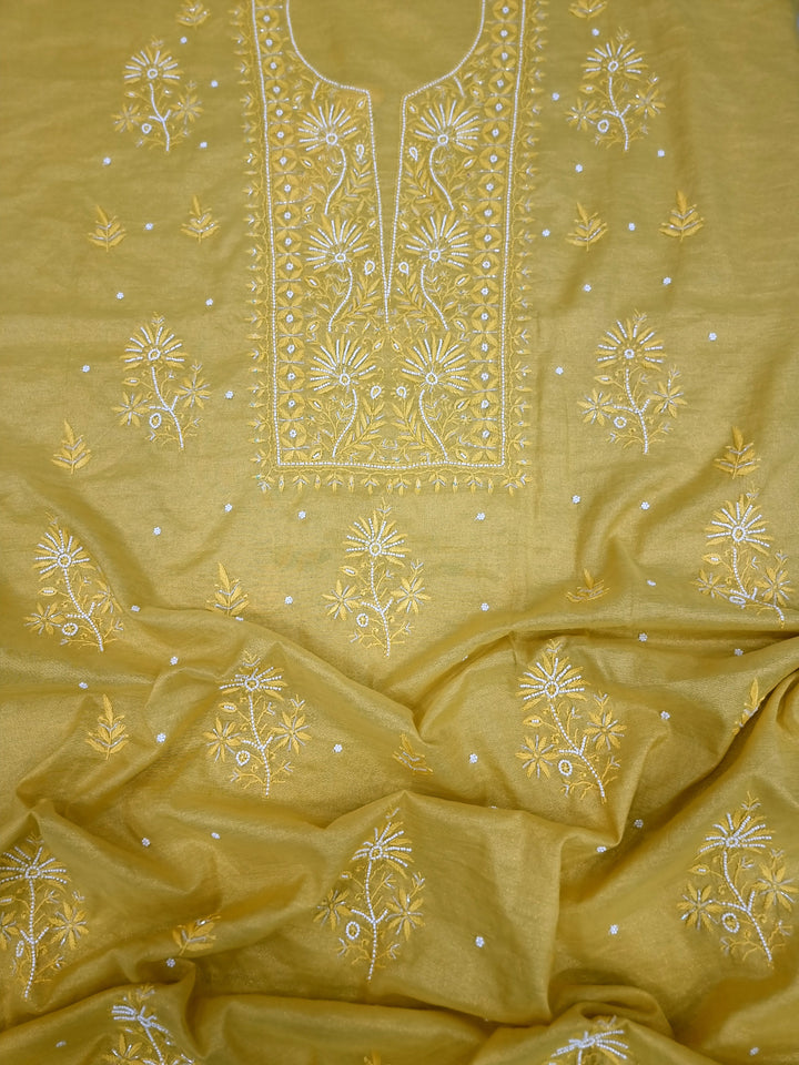 Soft Tissue Chikankari Unstitched Dress Material | 3 Taar Hand Embroidery with Pearl & Cutdana Work + Golden Border Dupatta