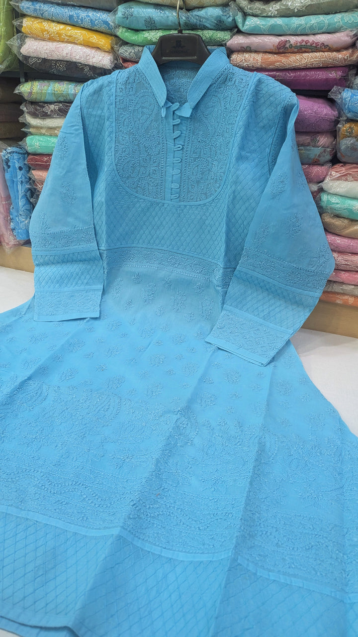 Cotton Lucknowi Chikankari 46" Long A-line Kurti | 100% Hand Embroidered| No Shrinkage