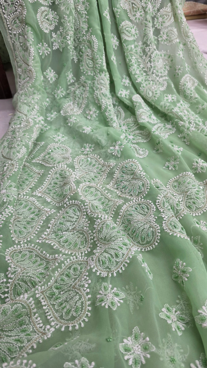 Pearl Chikankari Saree on Faux Georgette with Matching Blouse | Hand Embroidered Lucknowi Saree | Paridhan Chikan Heritage Collection