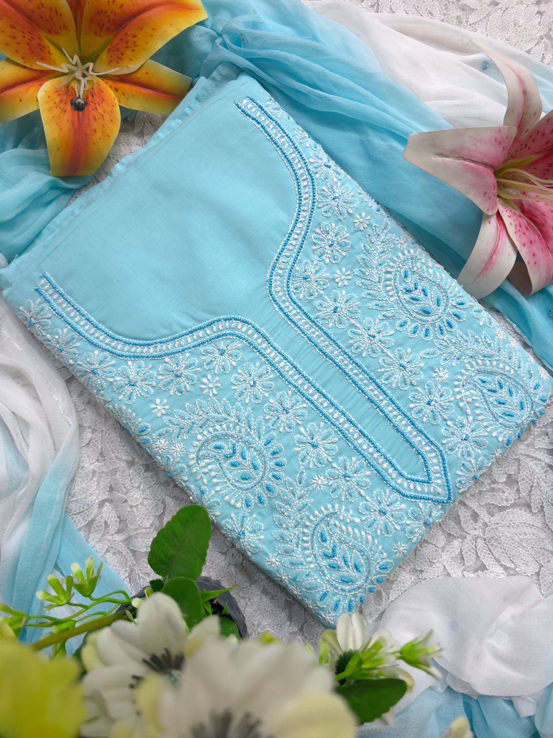 Pearl Chikankari Cotton Dress Material | Paridhan Chikan