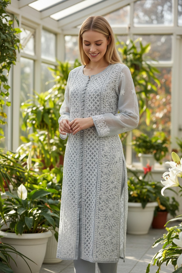 Women's Chikankari Georgette Front-Open Look Kurta | Hand Embroidered Lucknowi Ethnic Wear