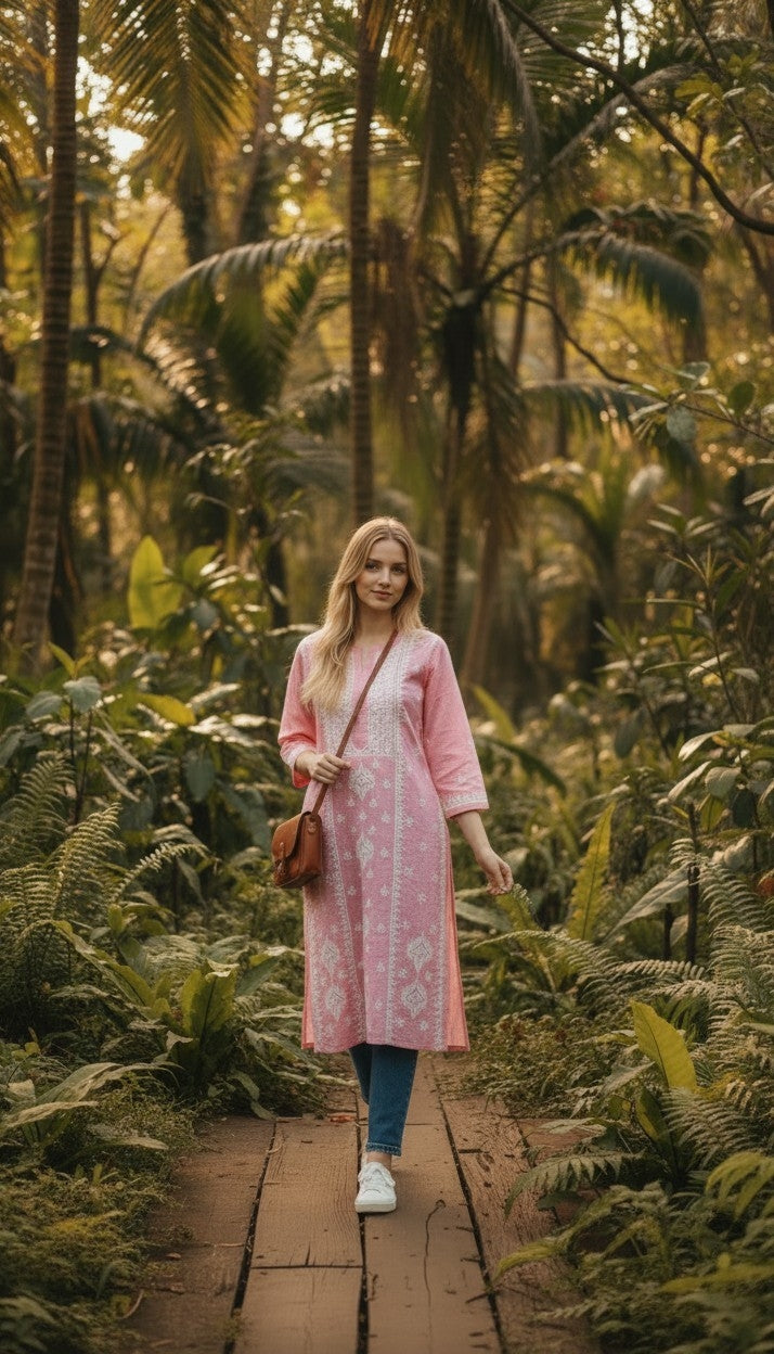 Hand Embroidery Chikankari Linen Kurti - Pink